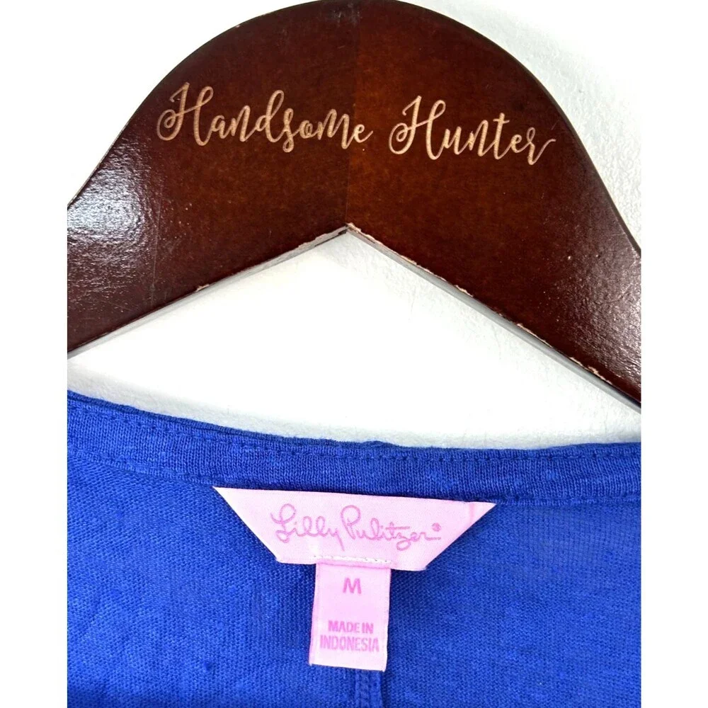 Lilly Pulitzer Shirt Women Medium Blue Linen Split Neck Cap Sleeve Pocket 1379T1 - Picture 8 of 10